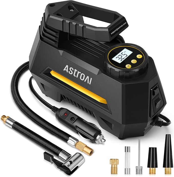 AstroAI AIRUN H Tire Inflator Portable Air Compressor Air Pump for Car Tires - Car Accessories, 9.8Ft Cord - 12V DC-Powered Auto Pump with Digital Pressure Gauge, LED Light for Bicycle, Balloons, Yellow