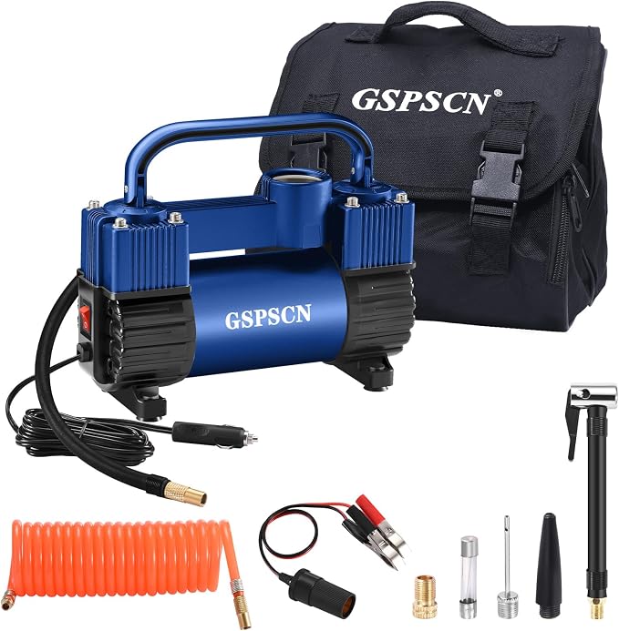 GSPSCN 6X Faster Inflation Tire Inflator Heavy Duty Double Cylinders with Portable Bag - Car Accessories, Metal 12V Air Compressor Pump 150PSI with Adapter for Car, Truck, SUV Tires, Dinghy, Air Bed