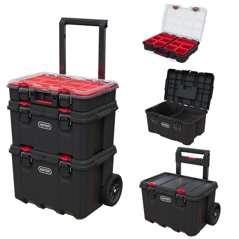 Keter Stack-n-Roll Modular Tools Organizer for Garage Storage and DIY, 3 Piece Resin Rolling Tool Box System for Small Parts, Black