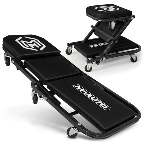 M-AUTO 40-Inch Folding Creeper Rolling Seat, All-in-One Adjustable Roller Garage Chair, Lay Down or Sit, 330LBS Capacity Under Car Roller Creeper with 6 Swivel Casters, Black
