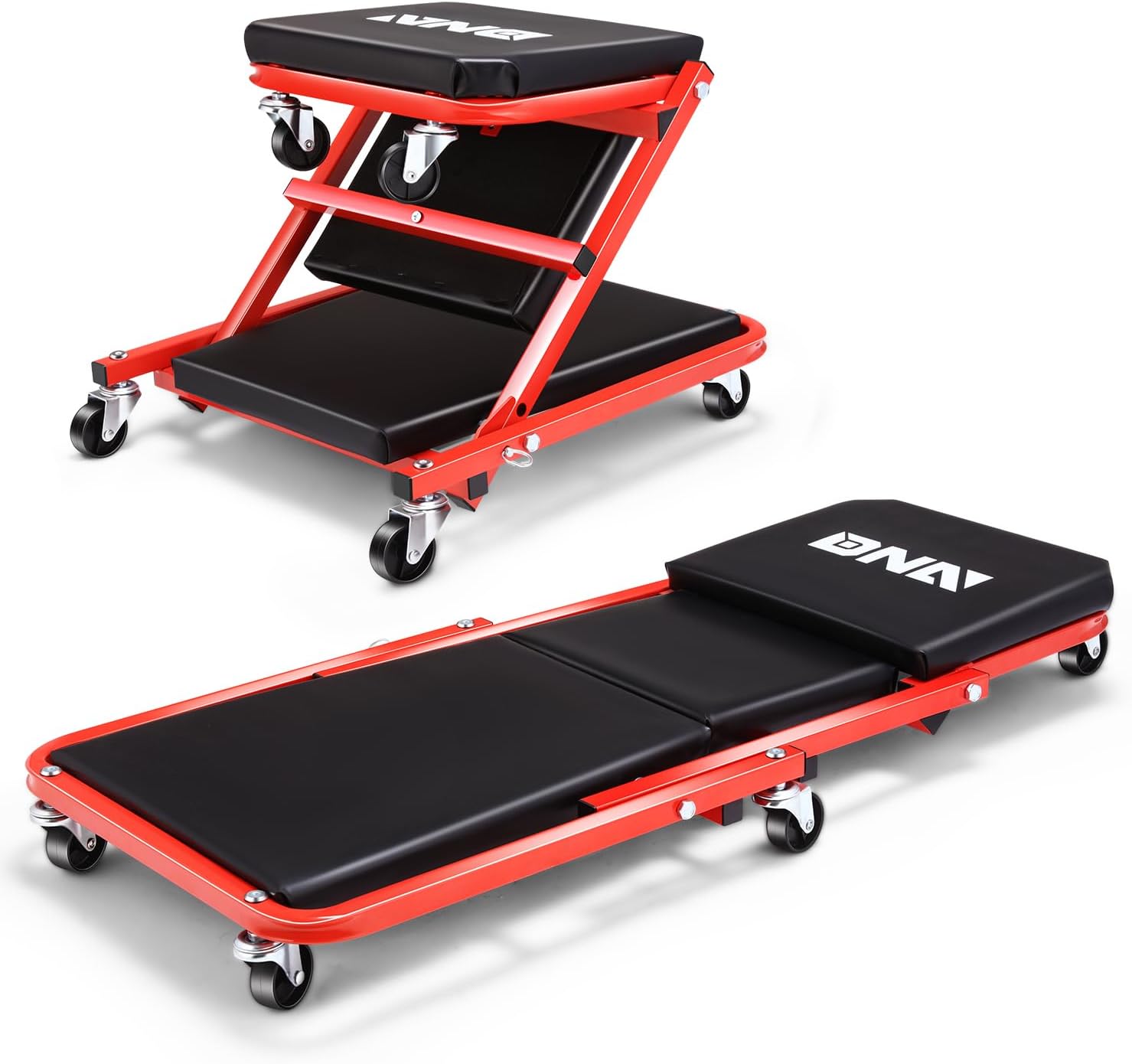 DNA MOTORING TOOLS-00184 36 Inches 2 IN 1 Rolling Folding Car Creeper/Seat, 6 Pcs 2" Casters, 150kg Weight Capacity, Red
