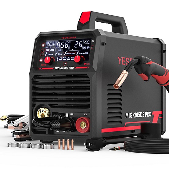YESWELDER Digital MIG-205DS MIG Welder, 200Amp 110/220V Dual Voltage, Gas Gasless MIG Welding Machine MIG/Lift TIG/ARC 3 in 1 Multiprocess Welder