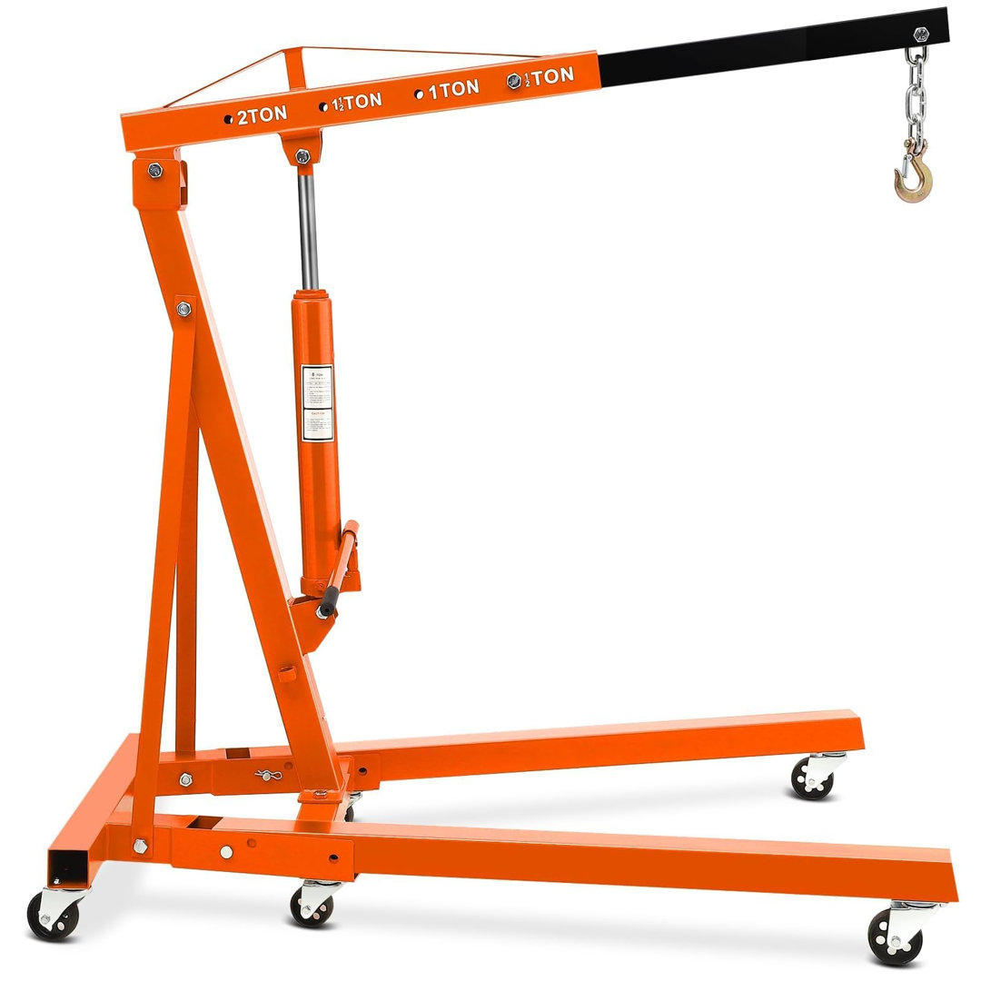 Hydraulic Engine Hoist 2 Ton, Cherry Picker Shop Crane with 6 Casters and Telescopic Boom, 4400 Lbs Heavy Duty Engine Hoist Crane Lift for Garage, Workshop, Automotive Repair, Orange