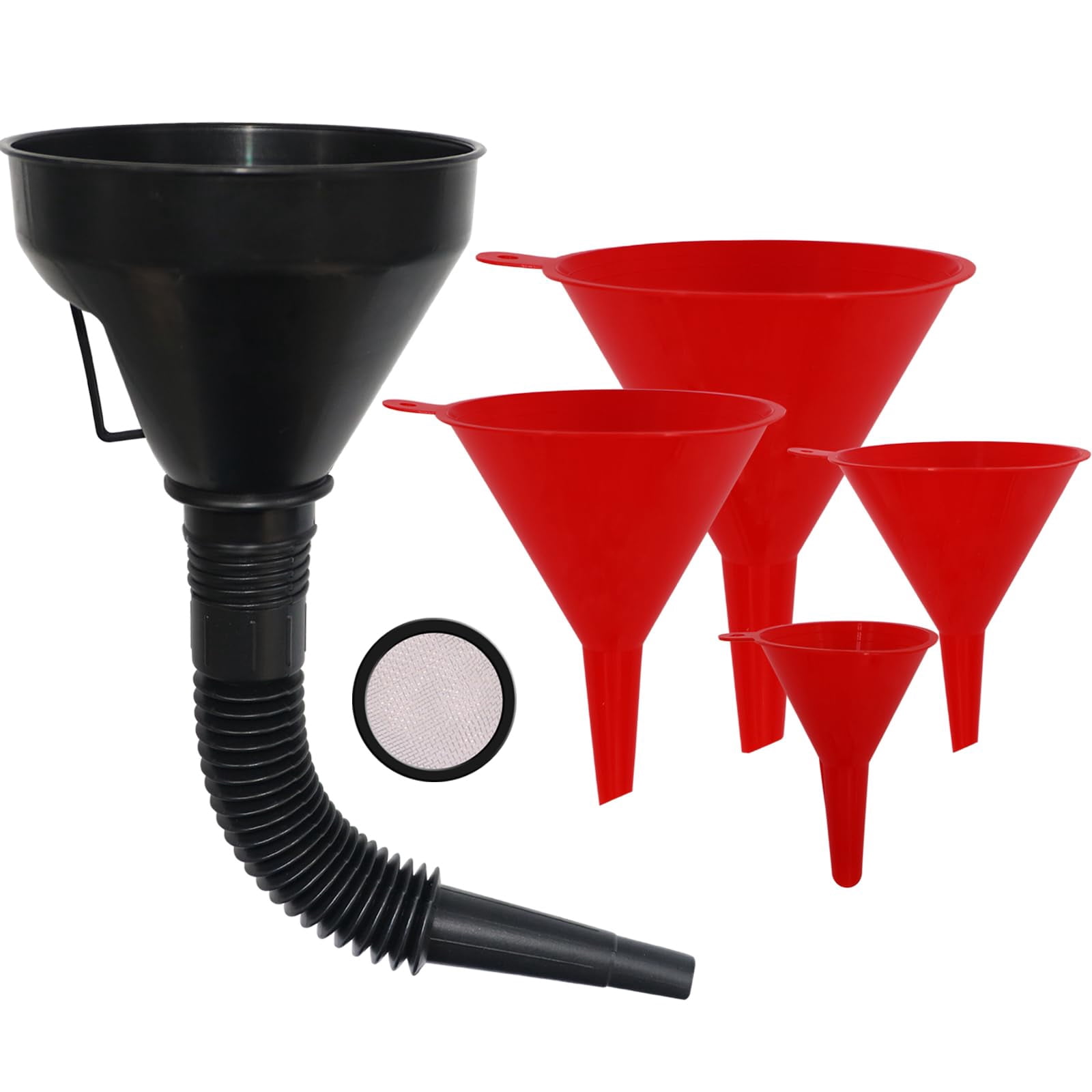 Plastic Oil Funnels for Automotive Use Set of 5, Large Flexible Fuel Funnel with Long Hose for Gas Transfer, Gasoline Funnels for Cars Boat Canning and Bottle