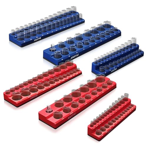 AIUITIO 6-Piece Magnetic Socket Organizer Set, Magnetic Socket Holder Includes 1/4", 3/8", 1/2" Drive Metric SAE Socket Trays, Holds Standard and Deep Sockets