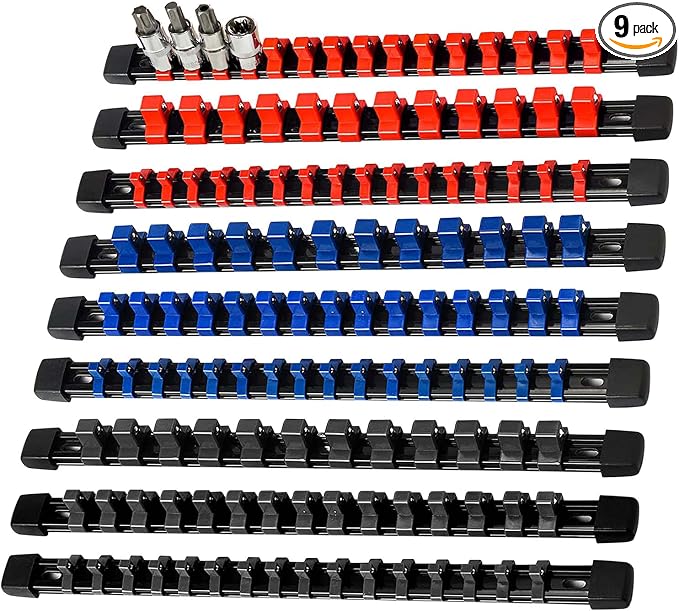 AMM 9-Piece Socket Organizer, 1/2 inch, 3/8 inch and 1/4 inch Drive ABS Tools-Socket Holder, Heavy Duty Socket Racks, Premium Quality Socket Clip Rail Holder