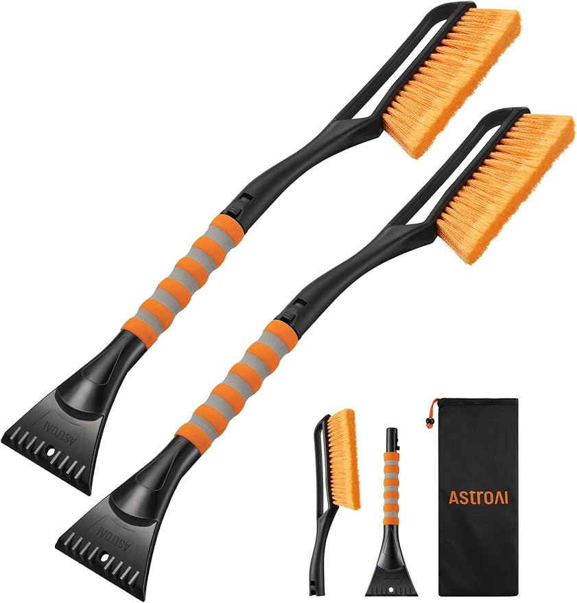AstroAI 2 Pack 27" Snow Brush and Ice Scrapers for Car Windshield, Detachable Snow Scrapers with Ergonomic Foam Grip for Cars, Trucks, SUVs (Heavy Duty ABS, PVC Brush, Orange)