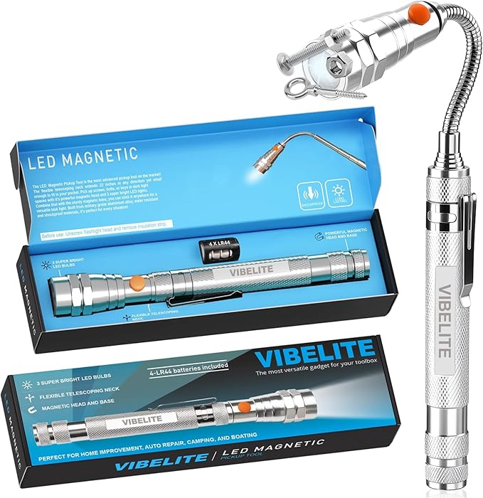 VIBELITE Extendable Magnetic Flashlight with Telescoping Magnet Pickup Tool - Cool Gadget Christmas Gifts Stocking Stuffers for Men, Husband, Dad, Father, Mechanic, Tech, Handyman, Him, Women, Black