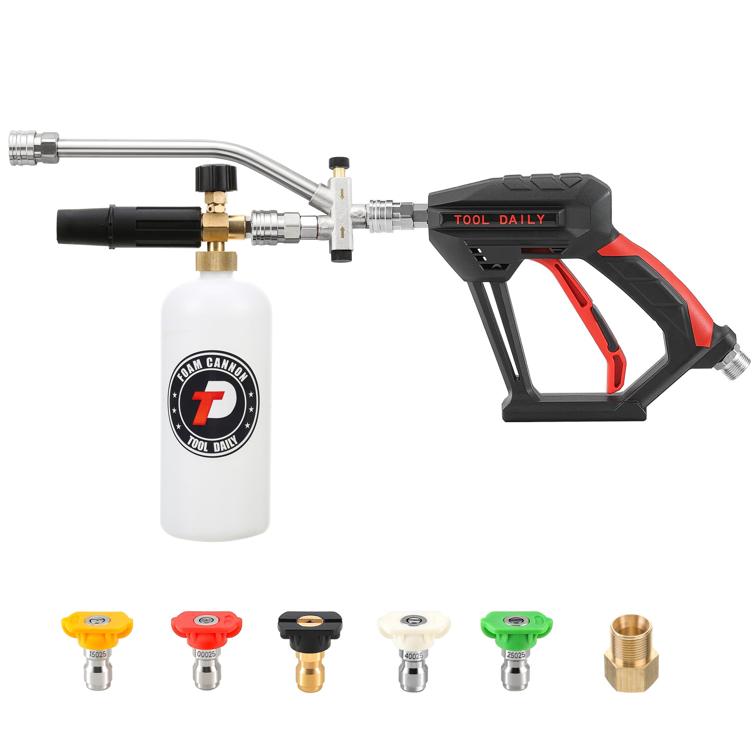 Tool Daily Short Pressure Washer Gun with Foam Cannon, Dual Connector, 5 Nozzle Tips, 1 Liter