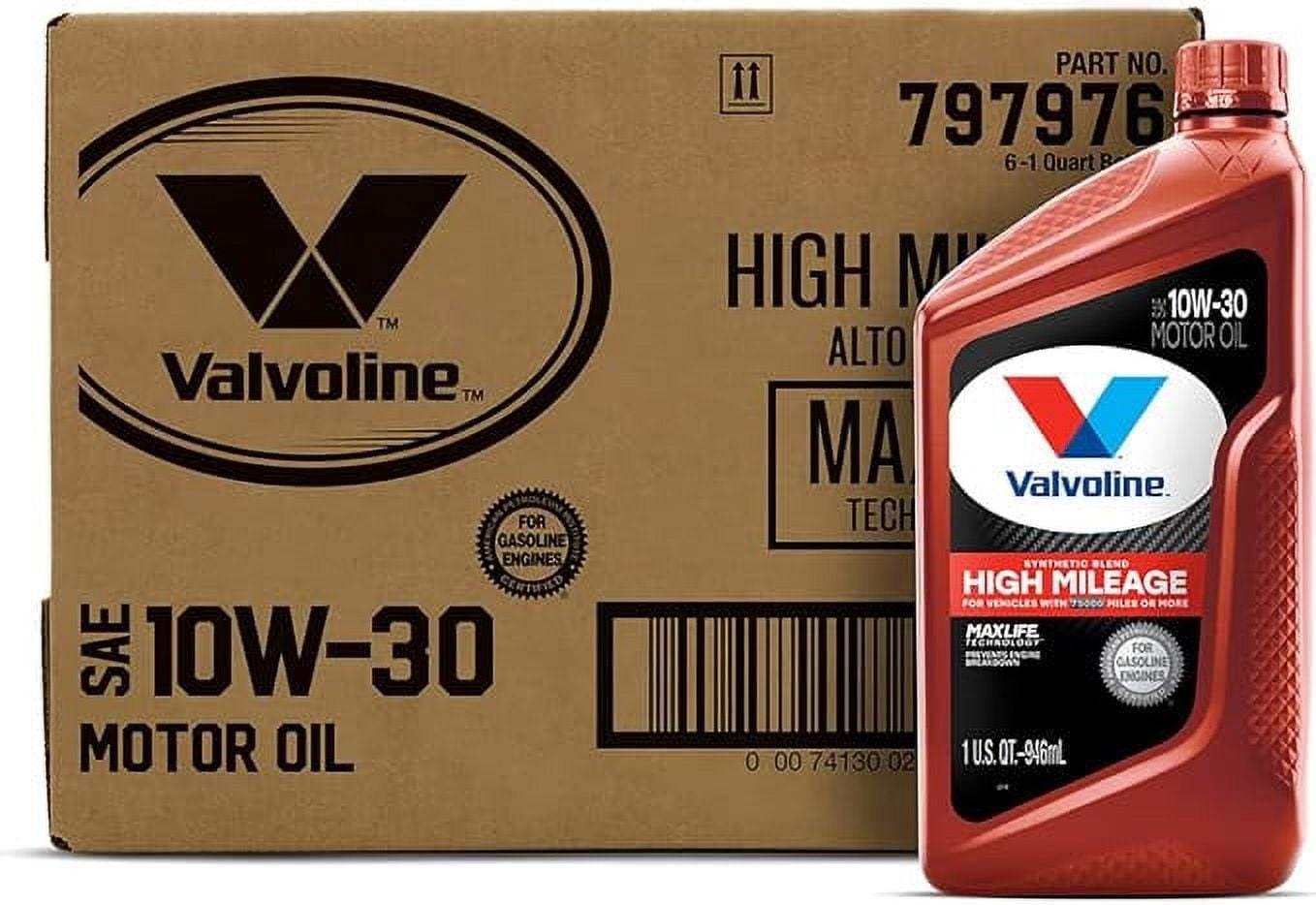 Valvoline MaxLife High Mileage 10W-30 Synthetic Blend Motor Oil 1 QT, 6 PK