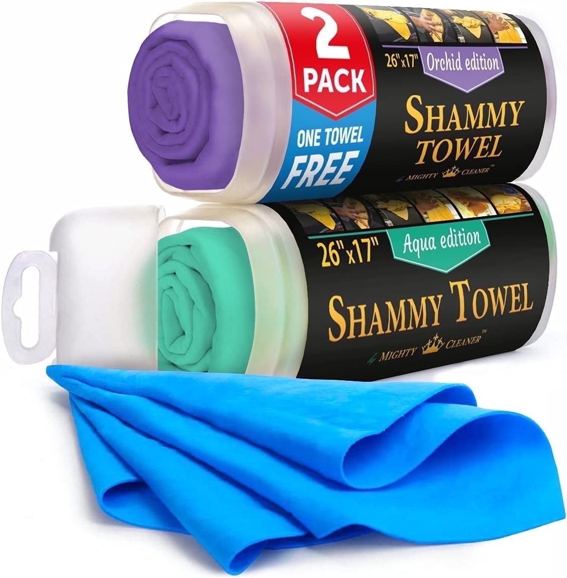Mighty Cleaner Premium Shammy Cloth Set for Car Drying, 2-Pack + 1 Free, 26x17 in