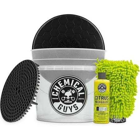 Chemical Guys CWS215BK Car Wash Detailing Bucket, Mitt & Accessories Bundle, 6 Items, Sticky Snowball 128 oz