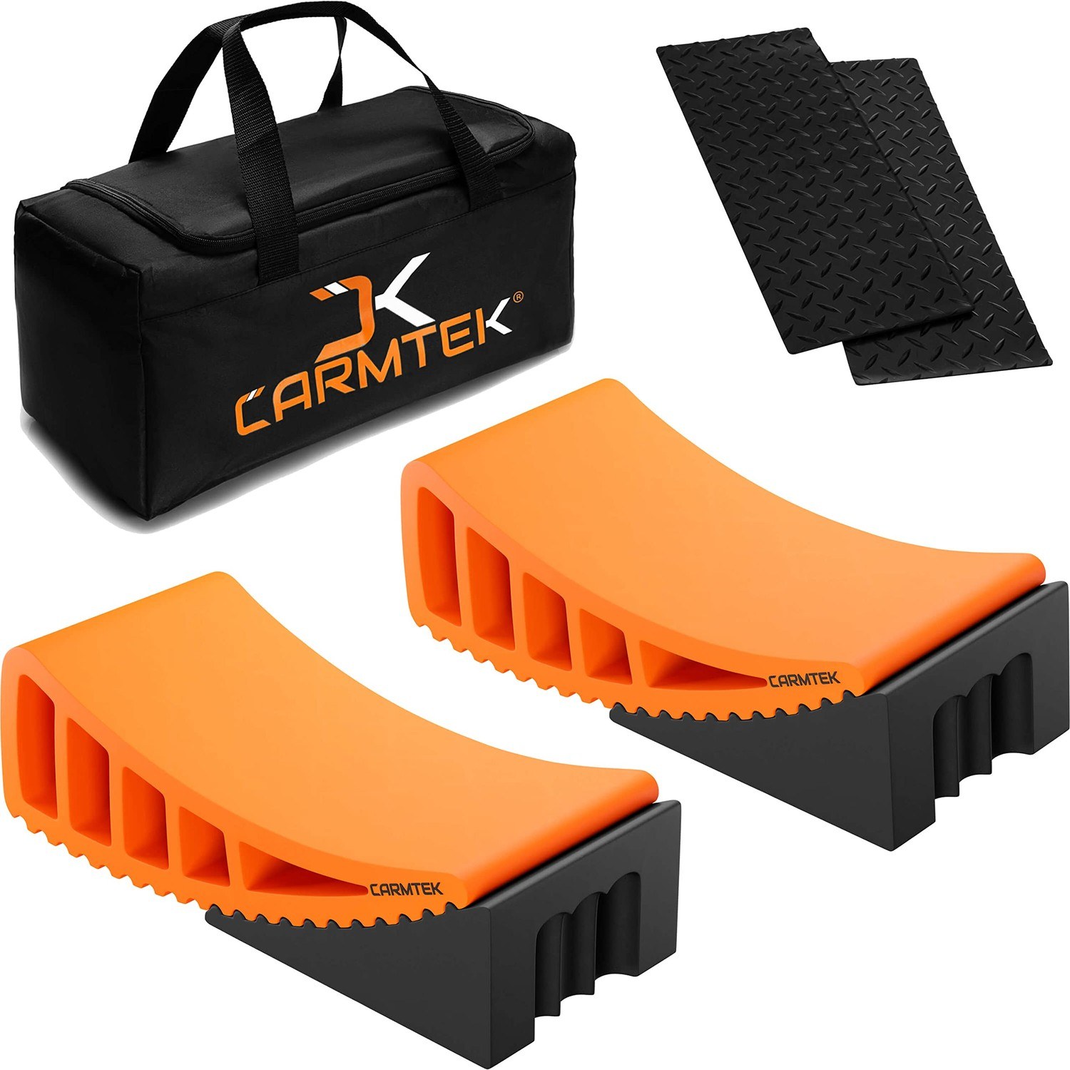CARMTEK Camper Leveler Premium Kit - Curved RV Levelers with Camper Wheel Chocks, Rubber Mats and Carry Bag