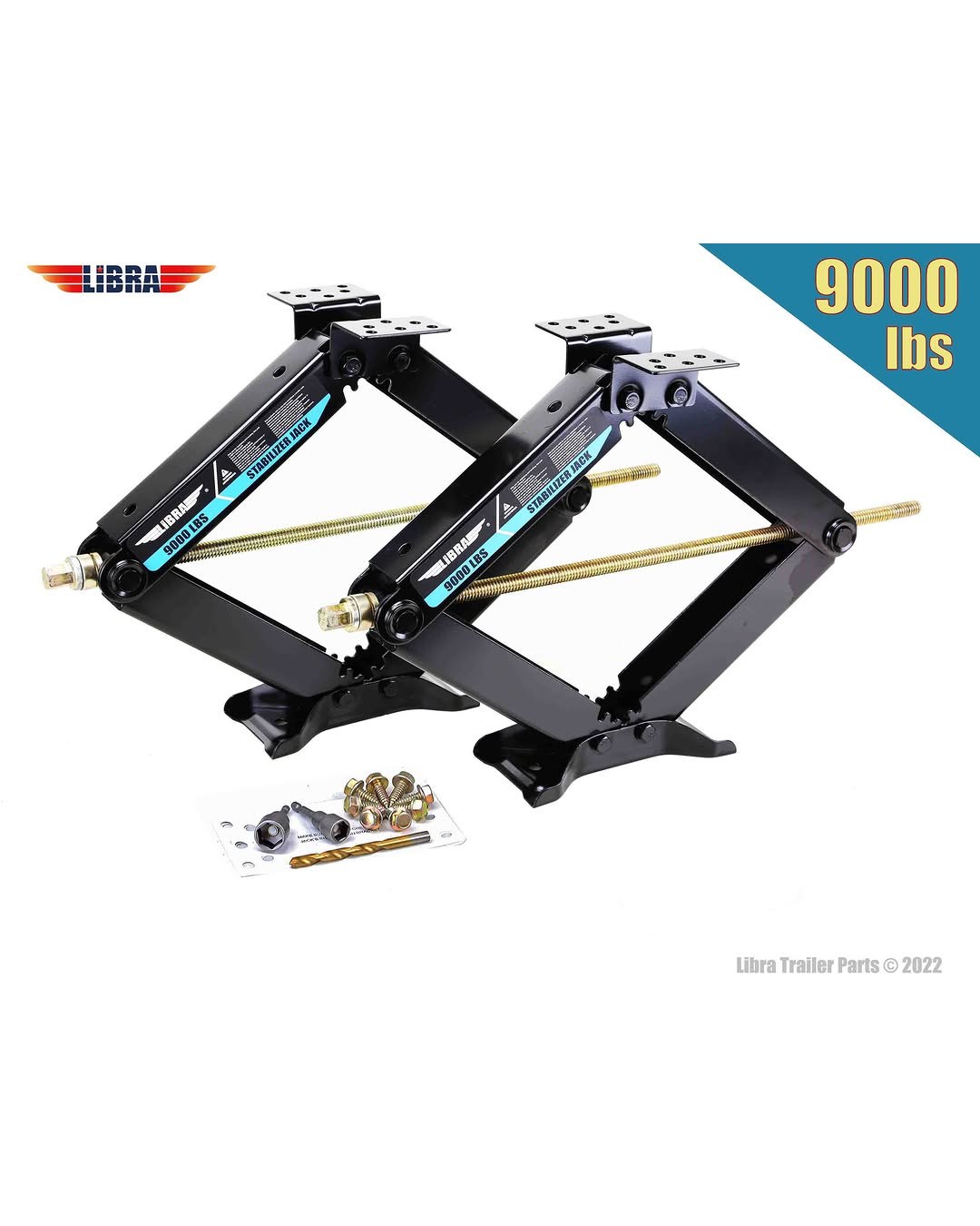 LIBRA Set of 4 9K lb Heavy Duty 24" RV Trailer Camper Stabilizer Leveling Scissor Jacks with Dual Power Drill Sockets, Model 26098
