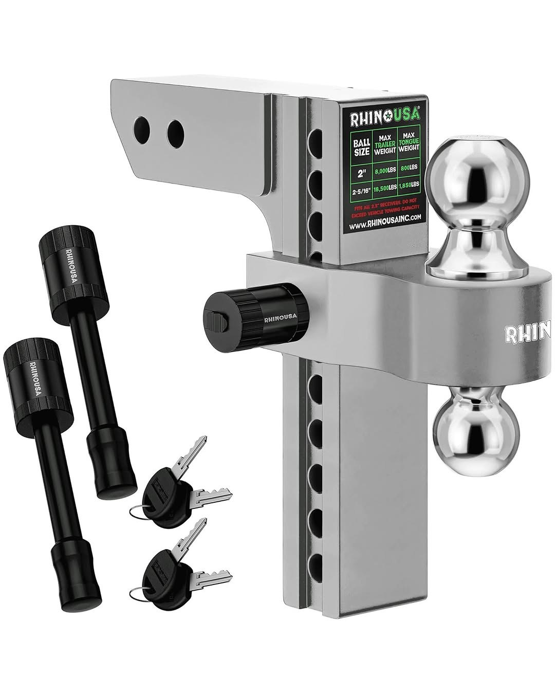 Rhino USA Adjustable Trailer Hitch, Fits 2-Inch Receiver, Heavy Duty Aluminum, 6-Inch Drop/Rise, 12,500 LBS GTW, Silver