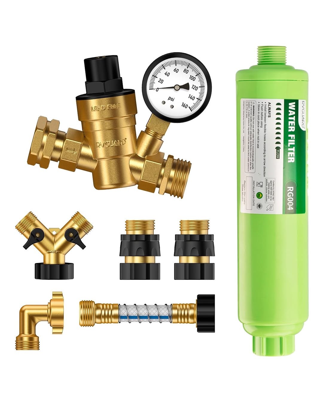 rVandtt RV Fresh Water Kit with Drinking & Sanitation Hose - RV Water Pressure Regulator, Filter, Hose Connectors, Leak Repair Kit, Carrying Case, 35' Hoses