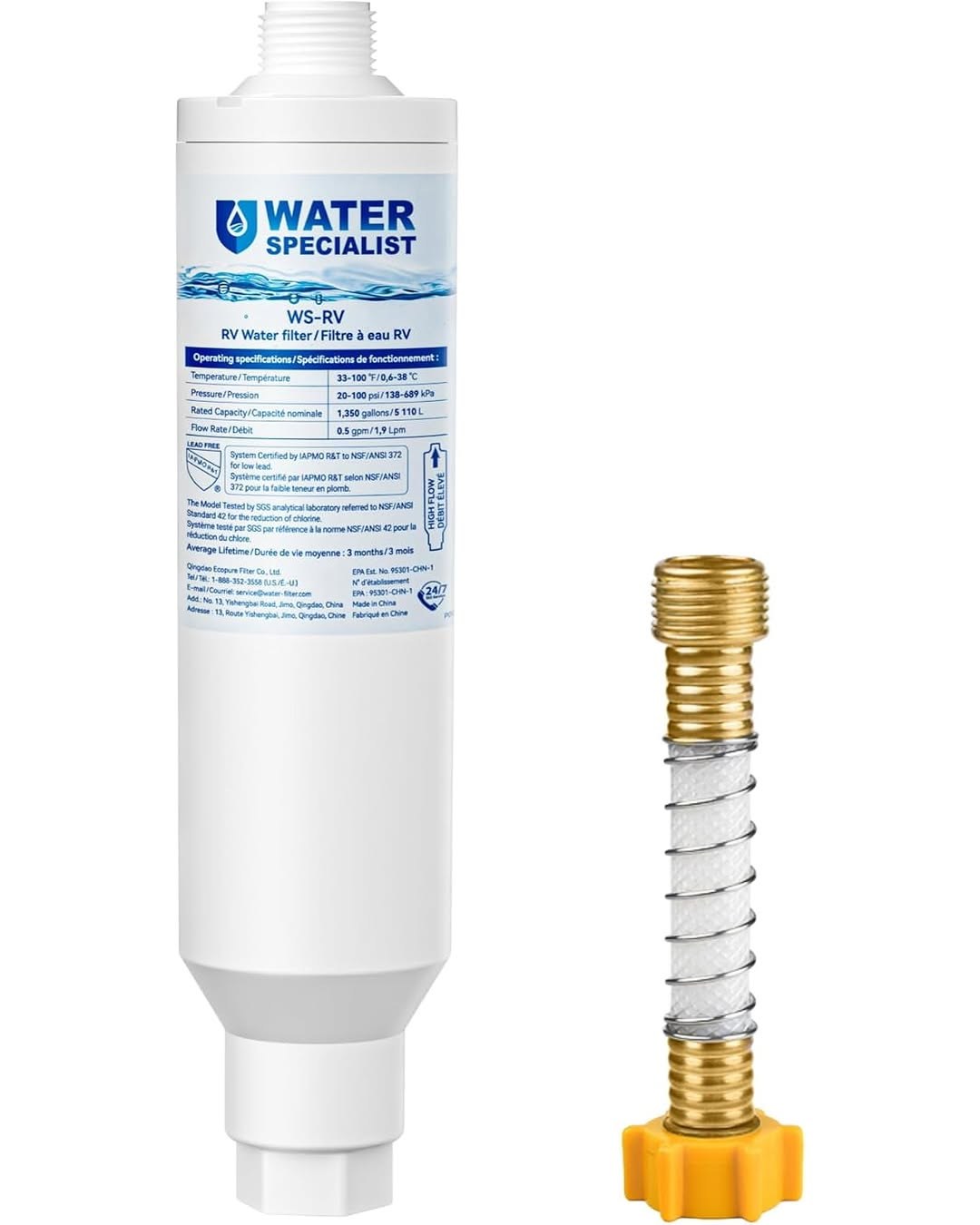 Waterspecialist RV Inline Water Filter, NSF Certified, Reduces Chlorine, Bad Taste and Odor, 1 Pack with Hose Protector