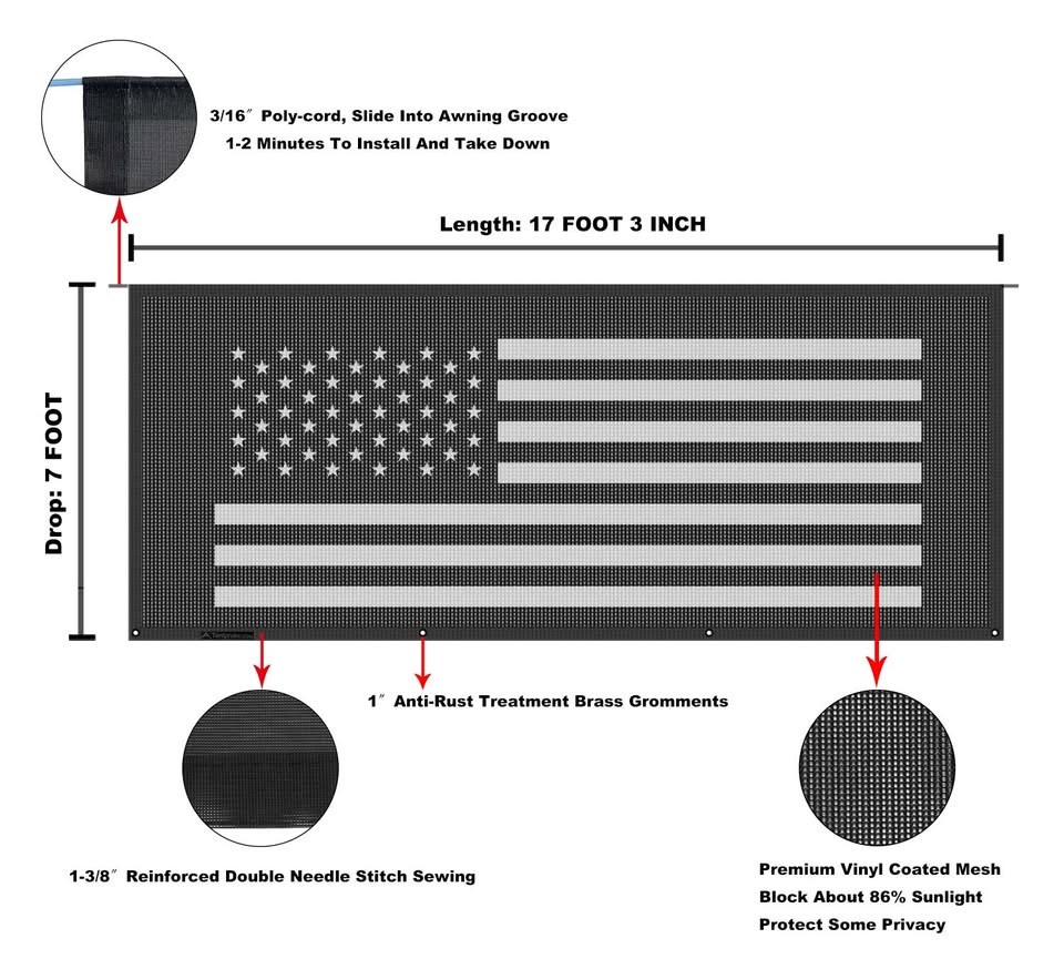 Tentproinc RV Awning Sun Shade Screen 8' X 15' 3" (Fit for 16' Awning), Black Mesh, UV Blocker Complete Kit