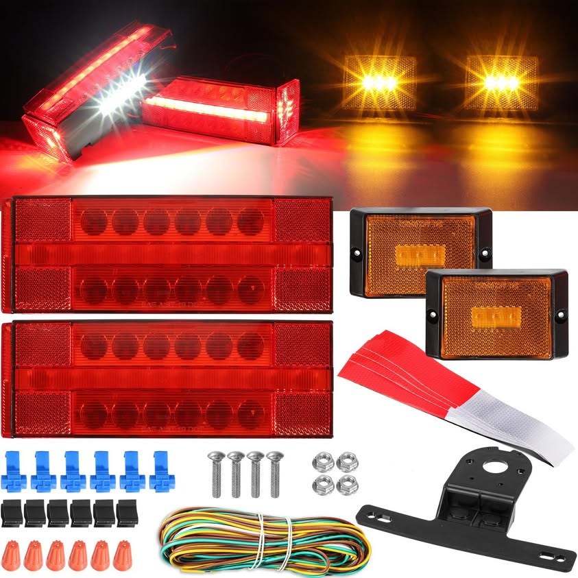 fouwick Submersible LED Trailer Light Kit, Waterproof 12V Stop Tail Turn Signal Lights with 22ft Wiring Harness & License Plate Bracket