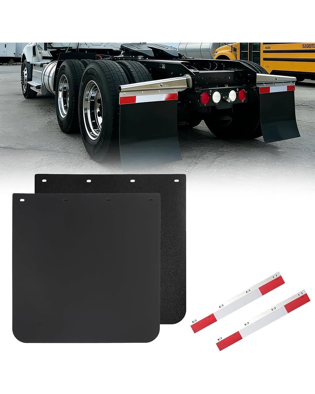 24"x24" Black Polymer Mud Flaps with 24"x3" Reflective Tape, Universal Fit for Semi Trucks, Trailers & Heavy Duty Vehicles, 2 Pack