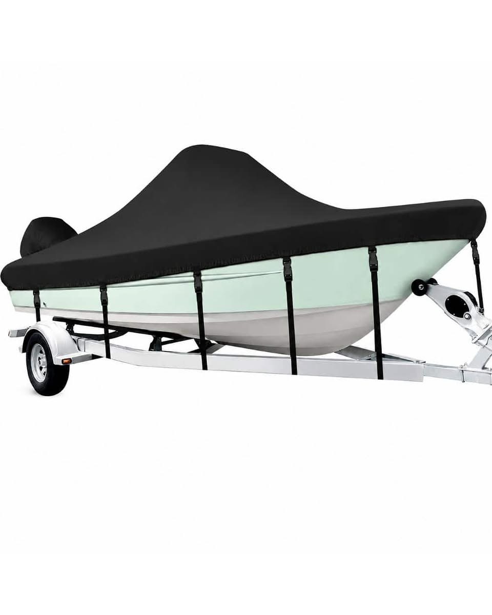 1200D Waterproof Boat Cover, Fits 17' to 19' Bass, V-Hull, Tri-Hull, Fish & Ski, Runabout Bowrider Boats, Heavy Duty Canvas Black
