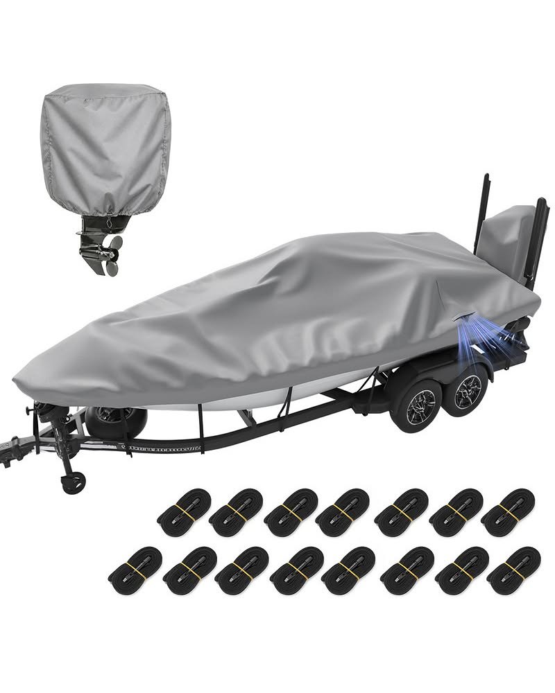 UIRWAY 1200D Heavy Duty Waterproof V-Hull Boat Cover, 20-22ft Trailerable with Night Safety Reflective Strips, UV Resistant Marine Grade, Gray