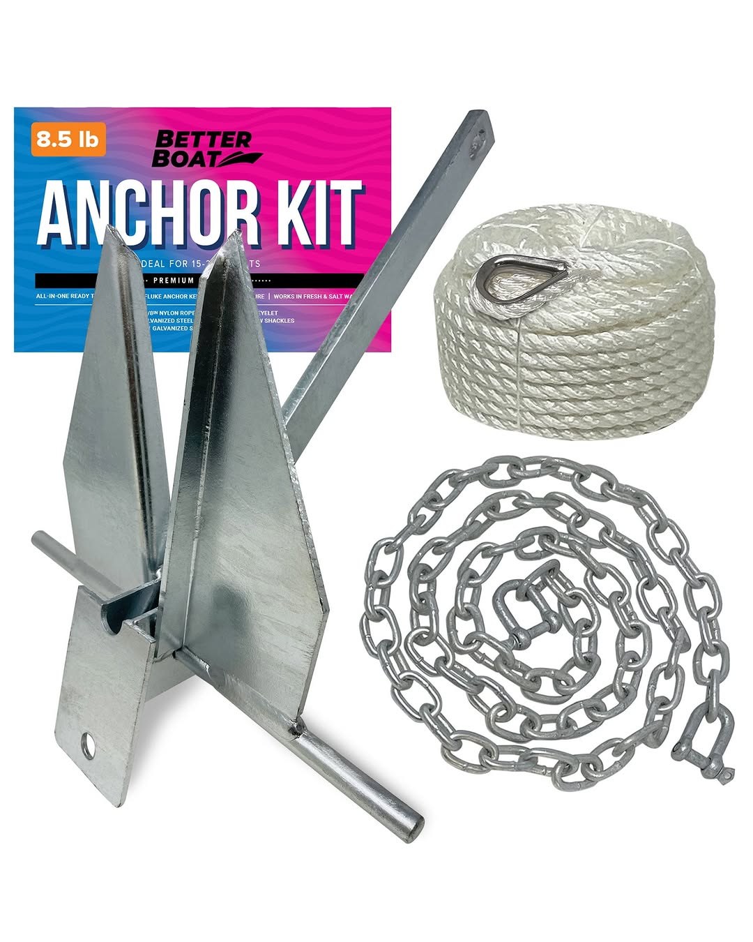 Better Boat 8.5lb Boat Anchor Kit with 75ft Rope and 6ft Chain, Heavy Duty Fluke Anchor for 15 to 24ft Boats, Hot Dip Galvanized