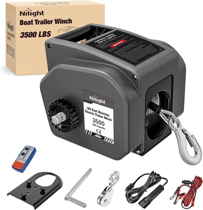Nilight Boat Trailer Winch 3500 lbs Portable Electric Boat Winch 12V DC Marine Winch with Remote Control and Hand Crank