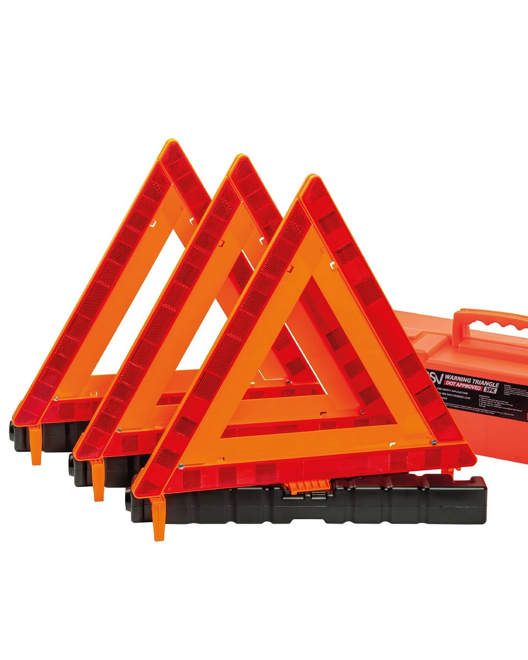 DSV Standard Warning Triangles, Safety Triangles DOT Approved, Plastic, 3 Pack, Reflective Triangles with Heavy Base, FMVSS 571.125 & Carrying Case