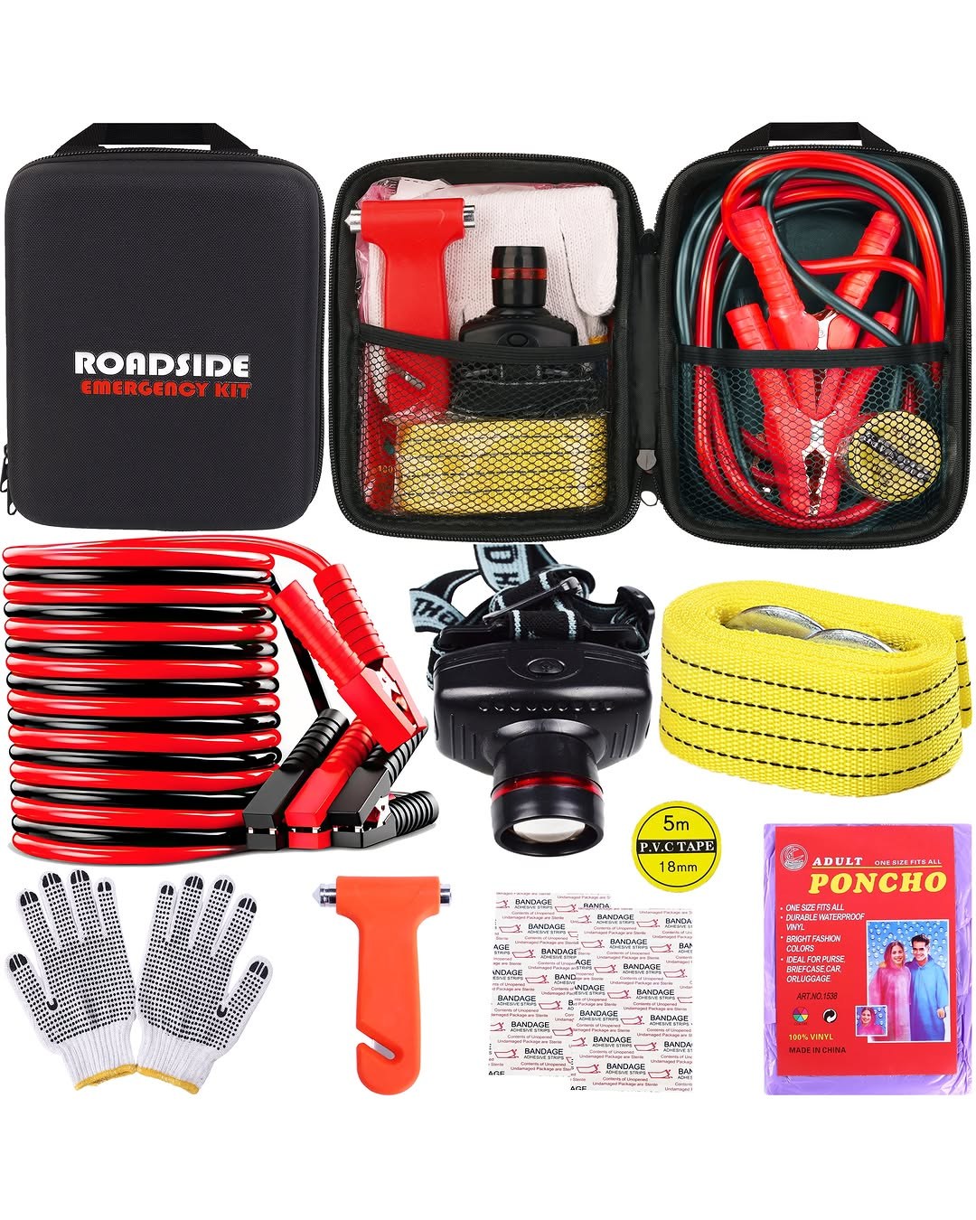 Car Roadside Emergency Kit, Auto Vehicle Safety Emergency Road Side Assistance Kit with Jumper Cables, Safety Hammer, Reflective Warning Triangle