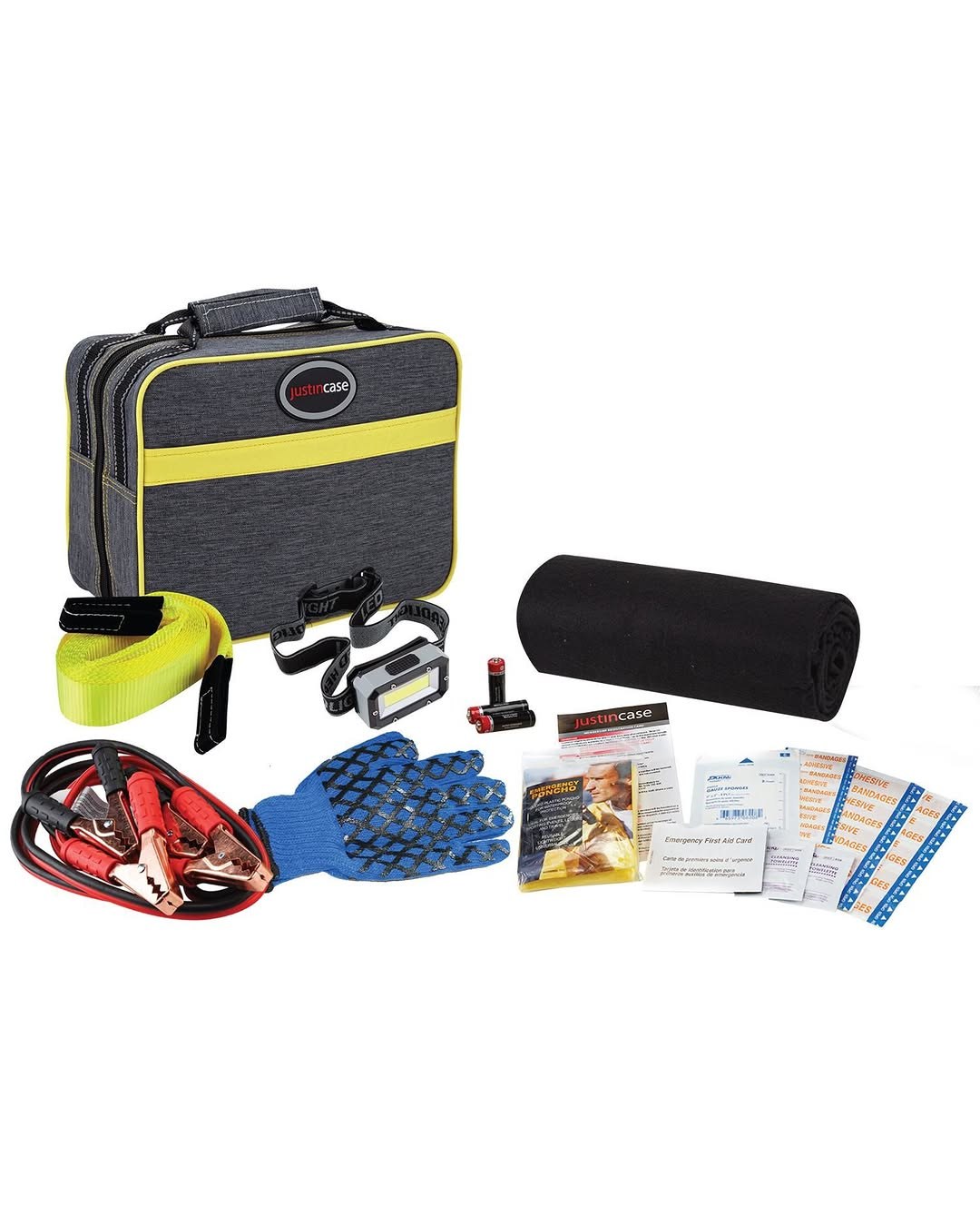 Justin Case All Weather Auto Safety Kit with 365 days of Roadside Assistance, Car Emergency Kit with Booster Cables, Collapsible Shovel, Tow Strap, Poly Blanket, Reflective Triangle, Flashlight