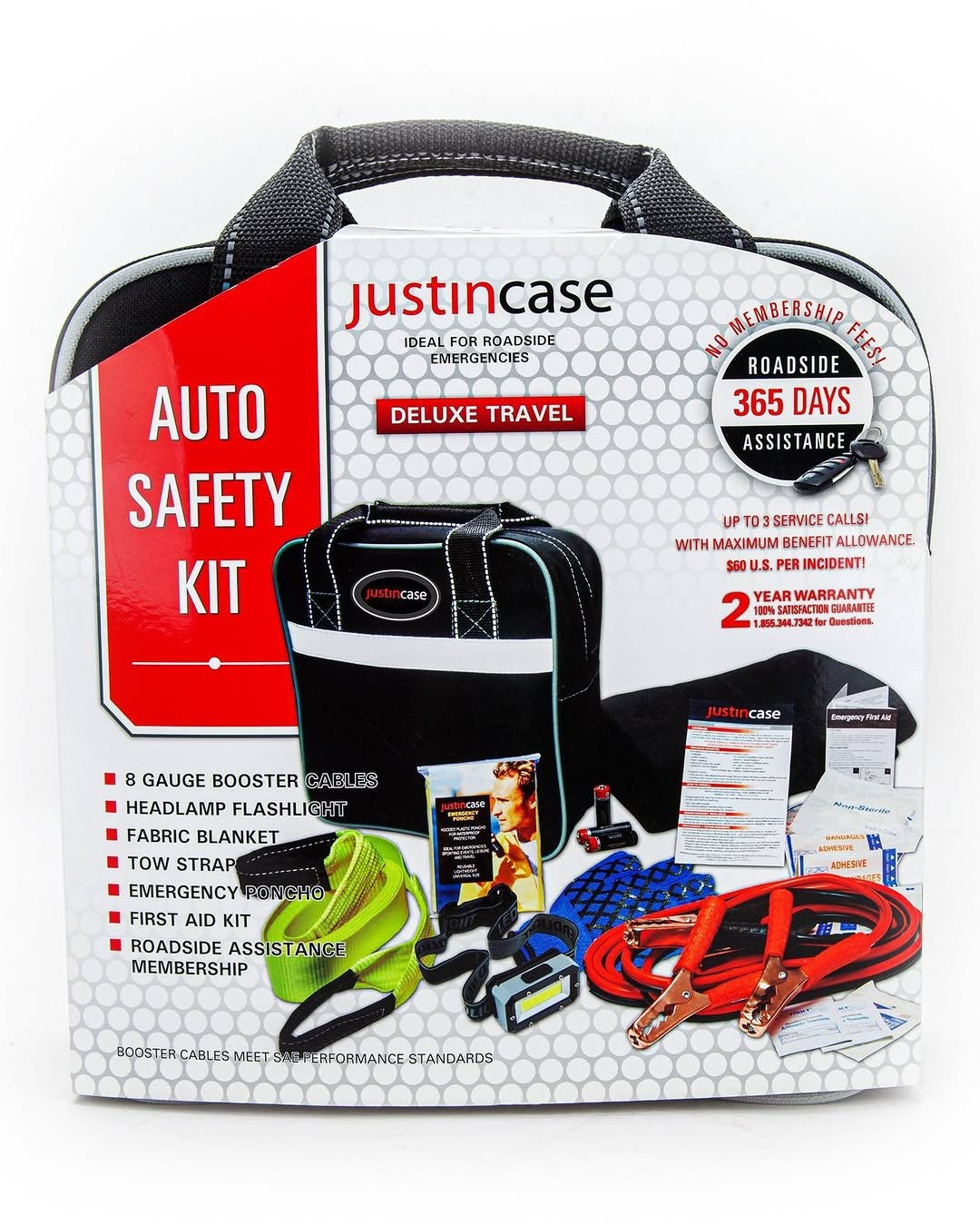 Justin Case Deluxe Car Emergency Kit with 365 days of Roadside Assistance, Roadside Emergency Kit with Booster Cables, Tow Strap, Blanket, First Aid Kit, LED Headlamp, Rain Poncho, Gloves
