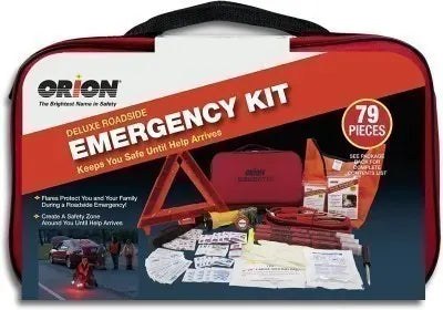 Orion Deluxe Roadside Emergency Kit 8901, 79-Piece, Includes 3 Flares, Folding Reflective Triangle, Jumper Cables, First Aid