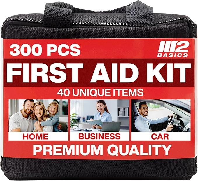 M2 BASICS 300 Piece (40 Unique Items) First Aid Kit, Premium Emergency Kits for Home, Camping, Car, Office, Travel, Vehicle, Survival
