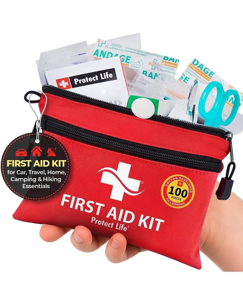 THRIAID Mini First Aid Kit, 100 Pieces Water-Resistant Hard Shell Small Case, for Travel, Outdoor, Home, Office, Camping, Hiking, Car, Black
