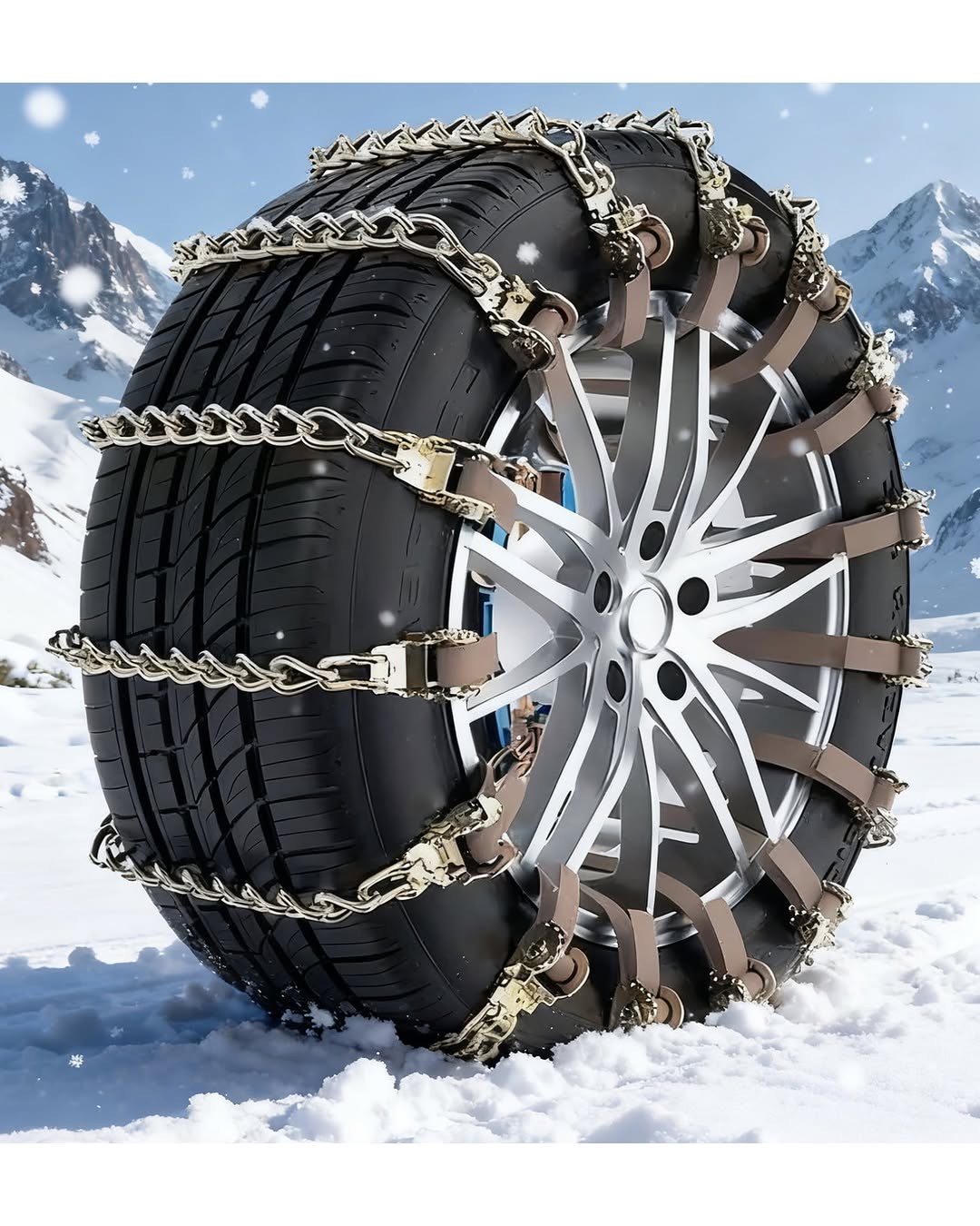 Auto Tightening Snow Chains for Cars, SUVs & Pickup Trucks, 1-Min Quick-Fit, Reusable Universal Emergency Traction Tire Chains, Set of 2 (ALN130)
