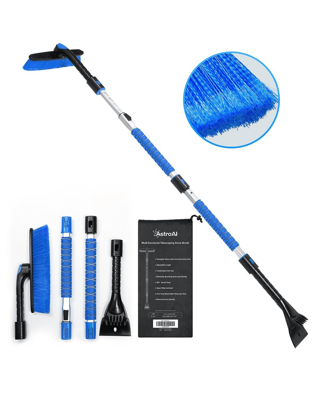 AstroAI 47.2" Ice Scrapers for Car Windshield, 3 in 1 Sturdy Snow Brush with Squeegee, 10 Adjustable Length Settings, Extendable Aluminum Handle, 180° Pivoting Snow Scraper, Orange