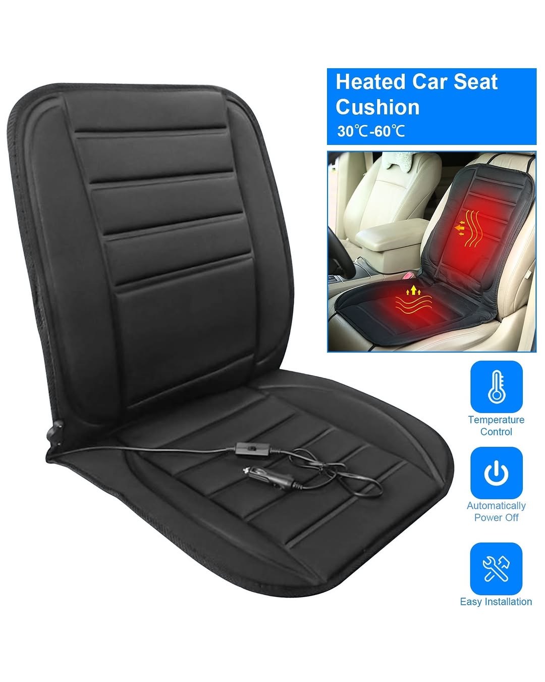 KINGLETING Heated Seat Cushion, 12V, Heats in 30 Seconds, 86-140°F Adjustable Temperature, Auto Power-Off