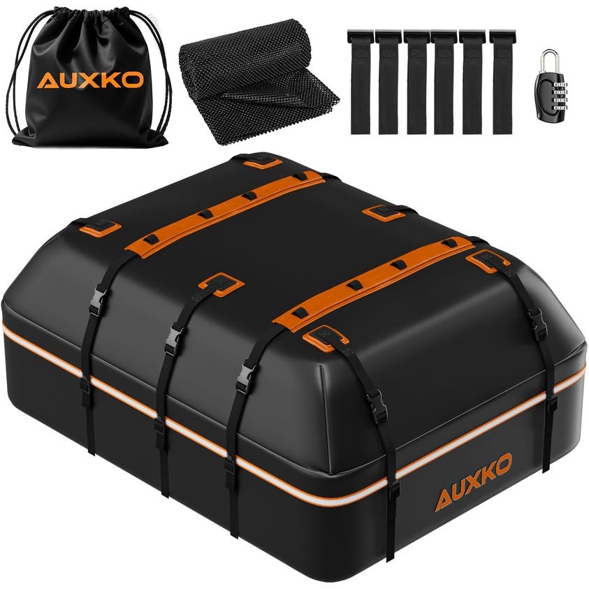 AUXKO 22 Cubic Ft Waterproof Rooftop Cargo Carrier Bag for All Vehicles with/Without Roof Rack, Soft Shell Car Roof Bag with Reflective Strip, Anti-Slip Mat, 6 Door Hooks & Combination Lock