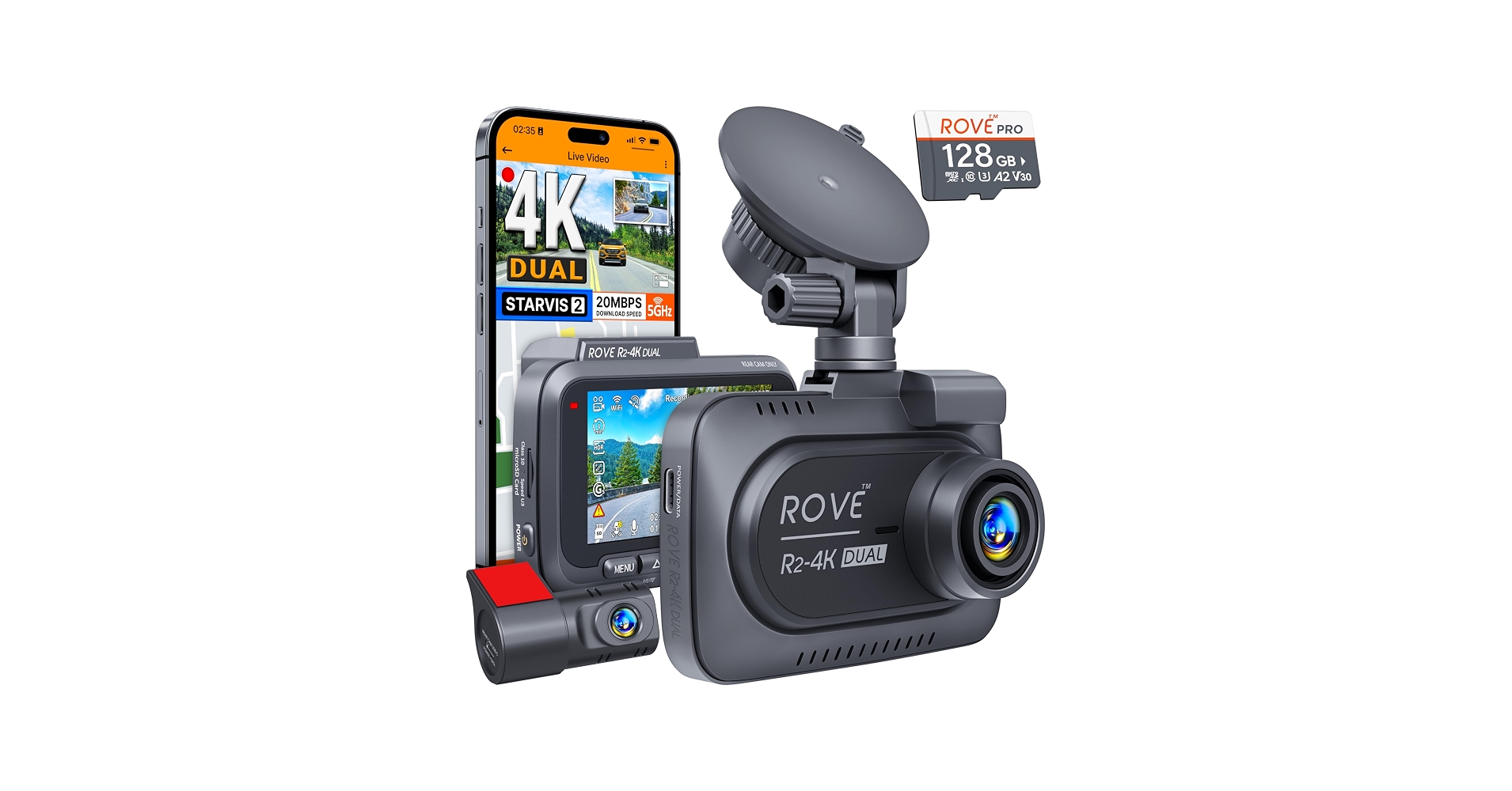 ROVE R2-4K Dual PRO Dash Cam Front and Rear, True 4K+2K, STARVIS 2 IMX678 + IMX675, Free 128GB Card + CPL, WiFi 6
