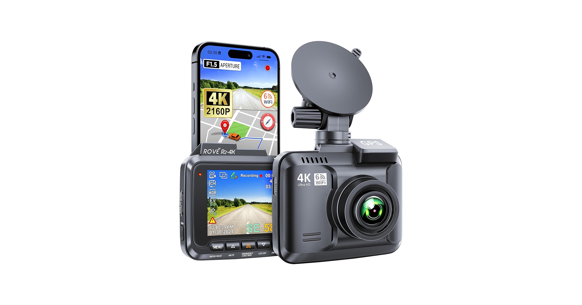 ROVE R2-4K Dash Cam Built-in WiFi 6 GPS, UHD 2160P, 2.4" IPS Screen, 150° Wide Angle, Night Vision