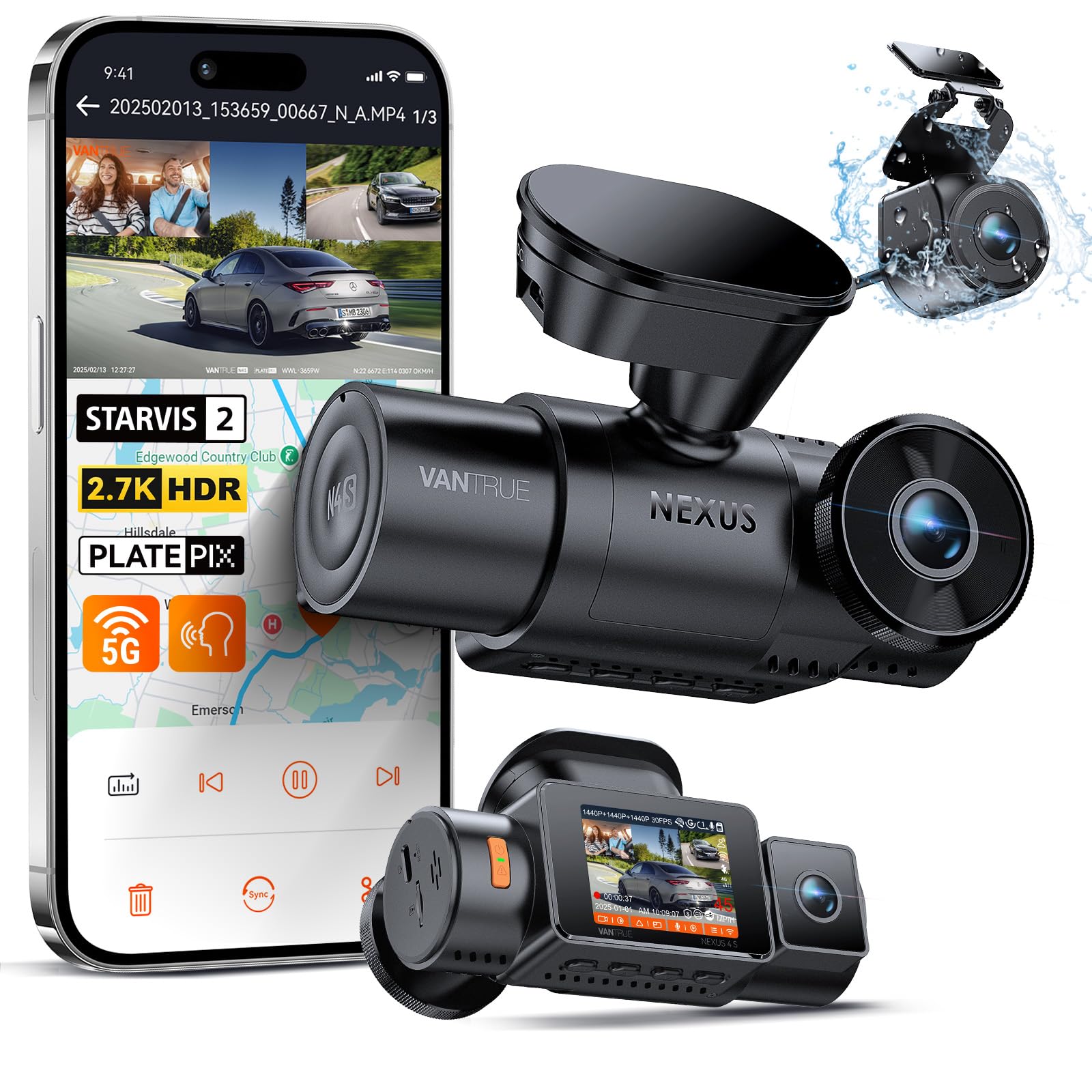 Vantrue N4S 3 Channel Front Inside Rear Dash Cam, 2.7K+1440P+1440P, PlatePix, STARVIS 2, HDR, IR Night Vision, GPS