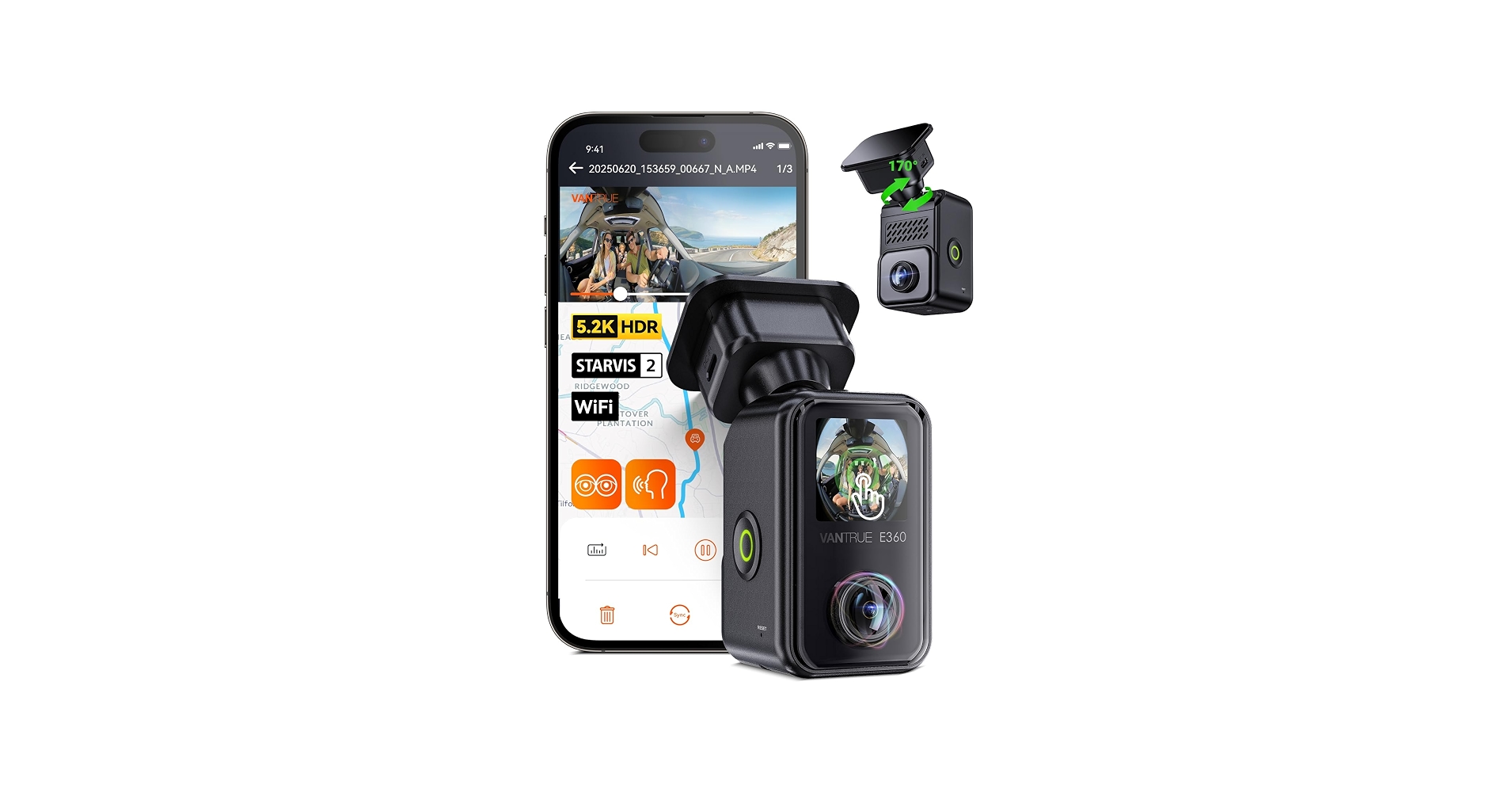 Vantrue E360 Panoramic 2 Channel Dash Cam, 420 Degrees, Dual STARVIS 2, Front Fisheye + Inside Fisheye, 5.2K Panoramic