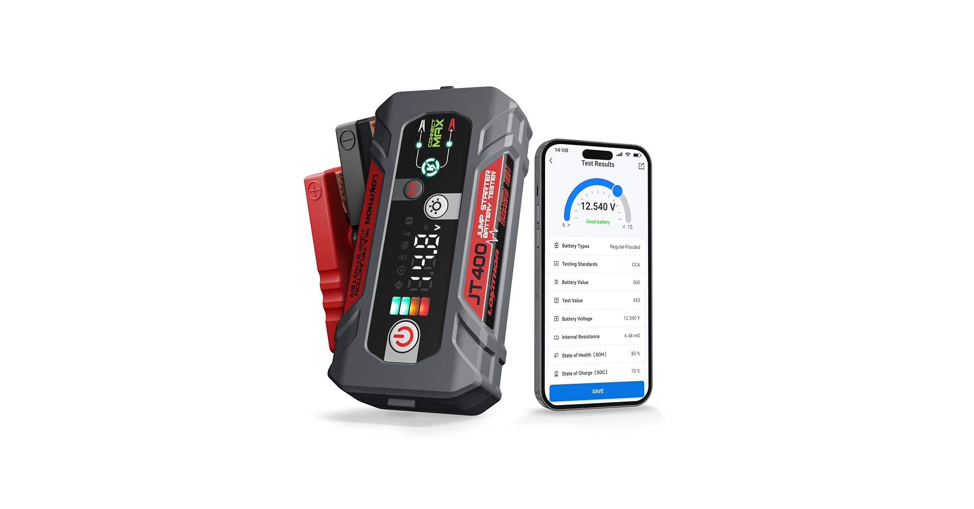 LOKITHOR JT400 Jump Starter and Battery Tester 2-in-1, 2500A, for up to 8.5L Gas & 6.5L Diesel, 100-2000 CCA Load Tester
