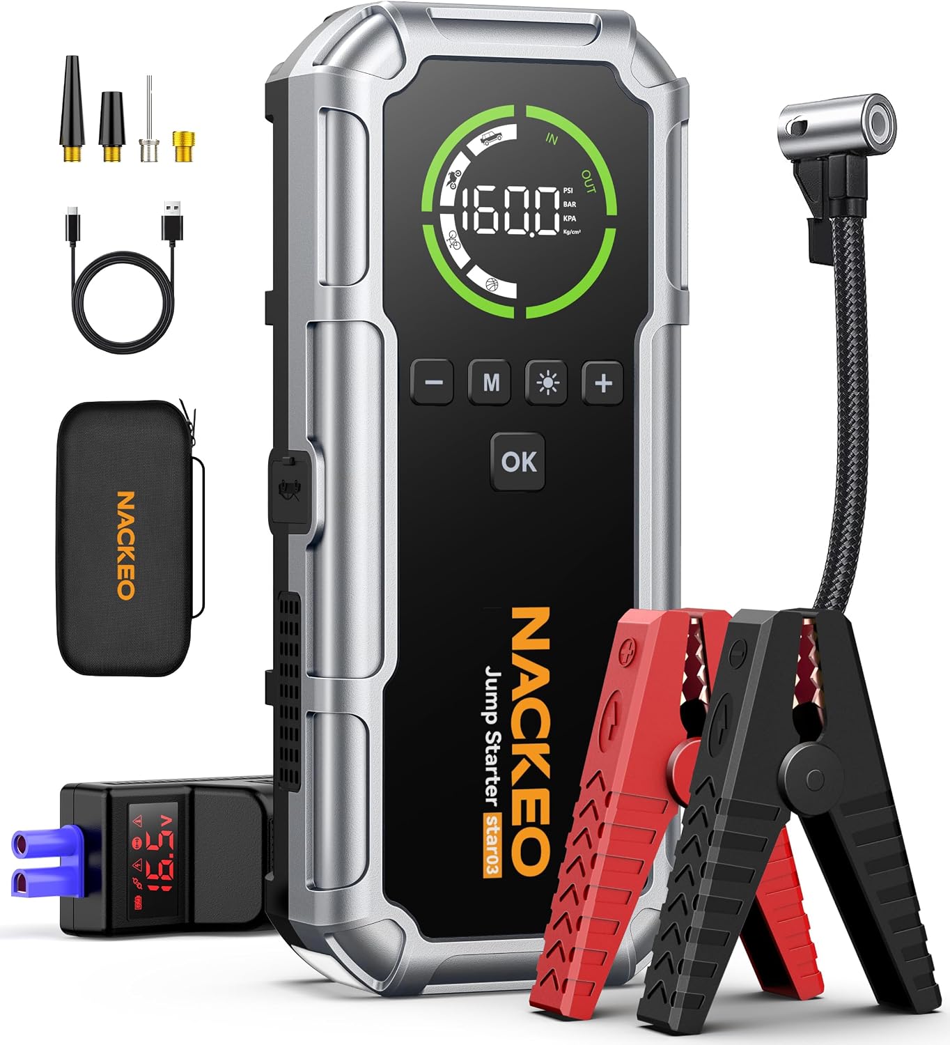 NACKEO Car Battery Jump Starter with Air Compressor 8000A 160PSI, for All Gas/10L Diesel, LCD Display, Power Bank