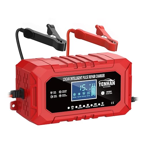 YONHAN 15A Battery Charger, 12V/24V LiFePO4 & Lead Acid, 9-Stage Trickle Charger with Temp Compensation, Maintainer