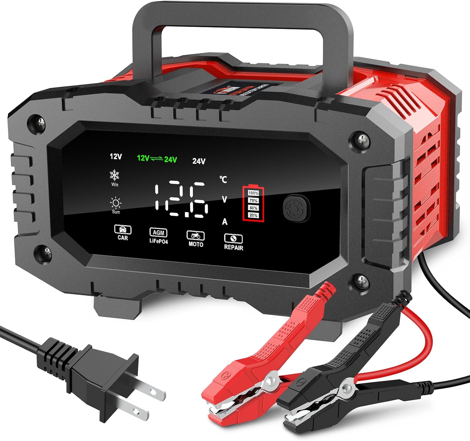 YONHAN Battery Charger 20A, 12V/24V LiFePO4 Lead Acid Fully Automatic Battery Maintainer, Car Battery Charger with LCD Display, Trickle Charger for Car Truck Motorcycle Lawn Mower Boat