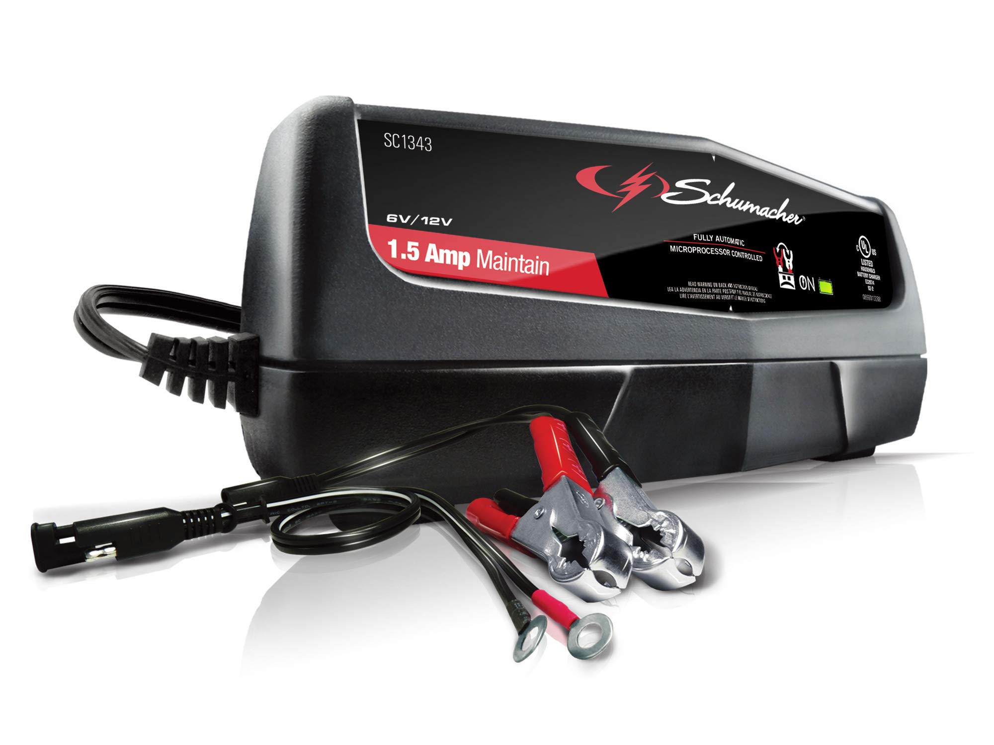 Schumacher Electric 1.5A Car Battery Charger and Maintainer, 3-in-1 Solution, for 6V/12V Power Sport, Automotive, and Marine Batteries, SC1355