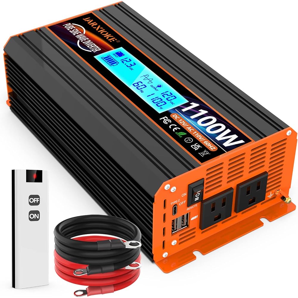 1100 Watt Pure Sine Wave Power Inverter 12V DC to 110V 120V Converter for RV Off Grid Solar Car, Type-C Ports, 2 AC Outlets, LCD Display, Wireless Remote