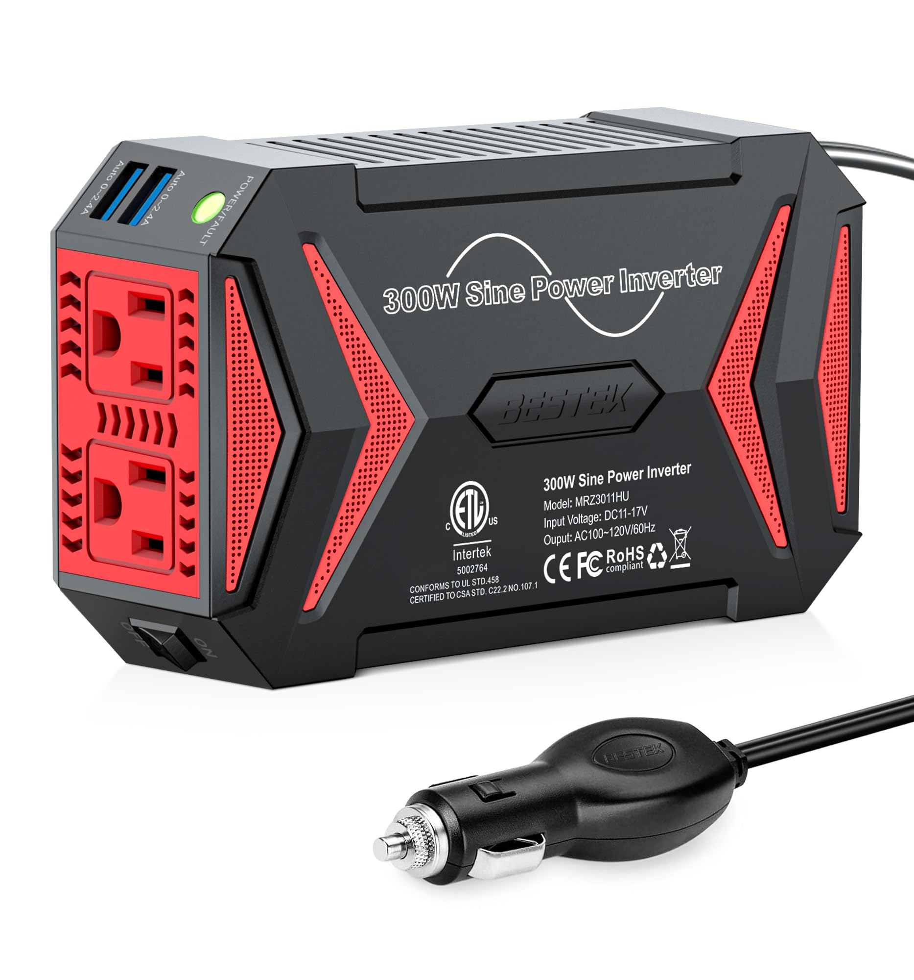 BESTEK Pure Sine Wave Power Inverter 300W, Car Plug-in Charger Outlet DC 12V to 110V AC, Cigarette Lighter Adapter, 4.8A Dual USB